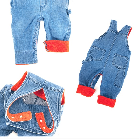 VINTAGE 90s Overalls Pants Jeans Denim Blue Red Fleece Jumper Romper Outfit Snap - Picture 2 of 4